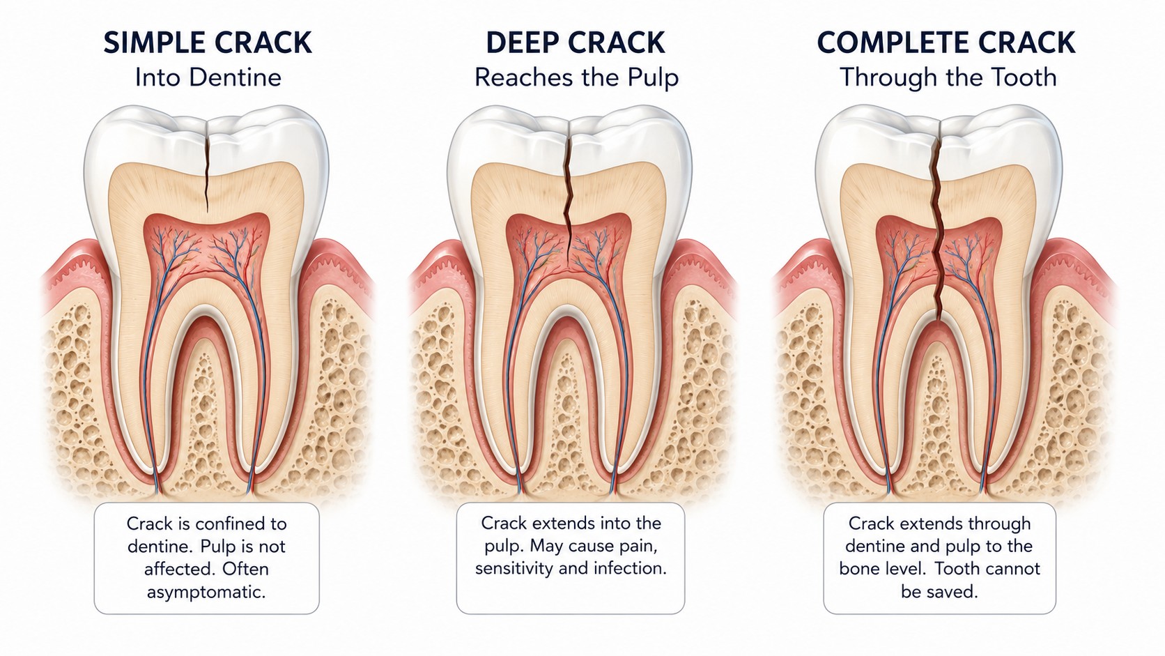 Diagram comparing a crack into dentine, a crack reaching the pulp and a crack extending through the tooth