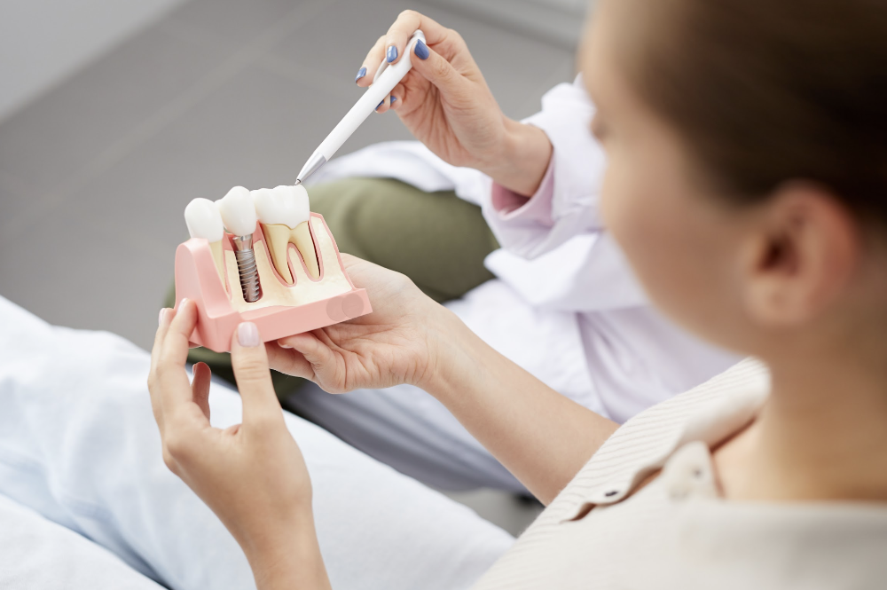woman looking at a dental implant model